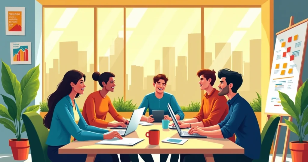 Ambiente de escritório moderno com equipe diversa colaborando em um startup, luz natural e elementos inspiradores.