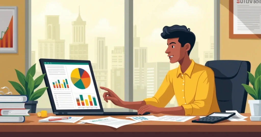 Proprietário de pequena empresa analisando gastos em mesa com computador, gráficos e documentos.