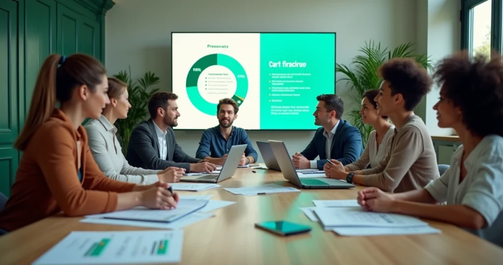 Cena animada em escritório financeiro com pessoas discutindo finanças pessoais ao redor de uma mesa.