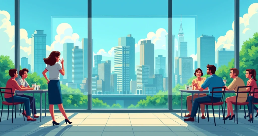 Ilustração de uma cidade brasileira com um painel de inflação, mulher com sacola de compras e homens discutindo.