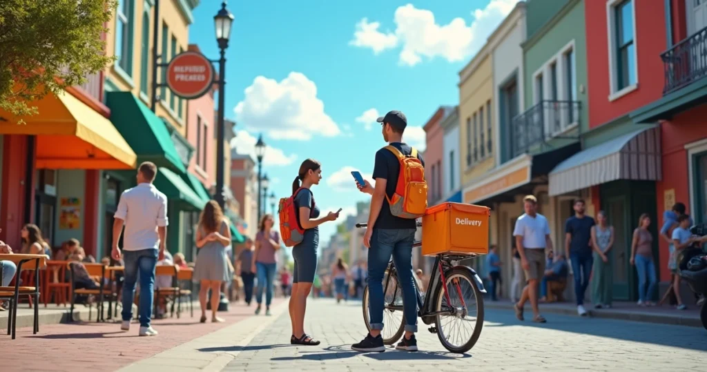 Entregador no centro de uma movimentada rua da cidade com bicicleta e lojas coloridas ao fundo.