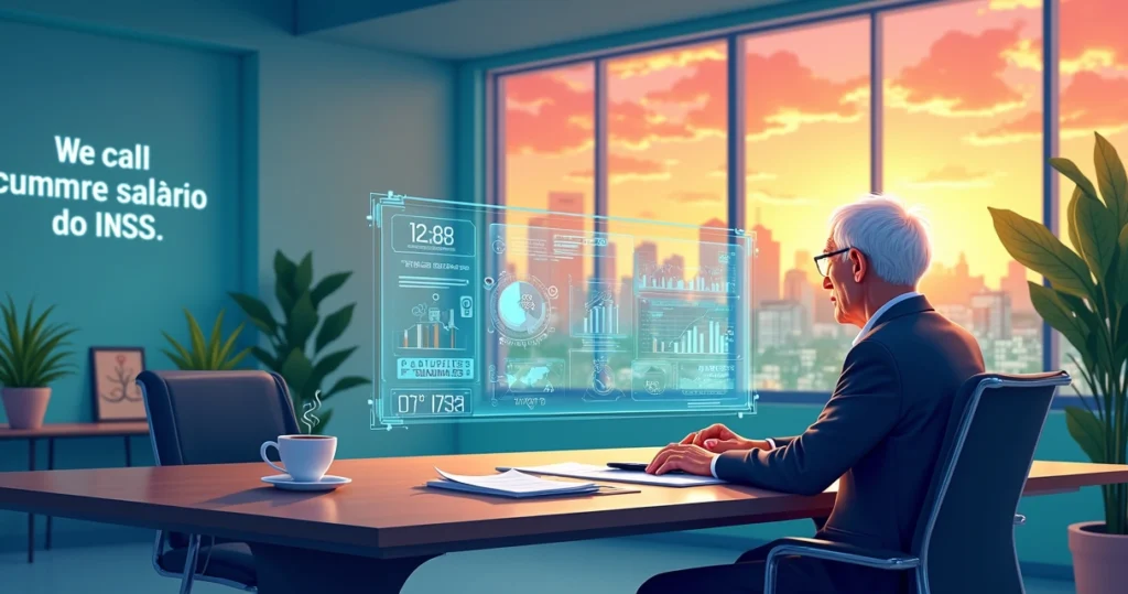 Ilustração de um escritório moderno para aposentados gerenciando finanças em 2025.