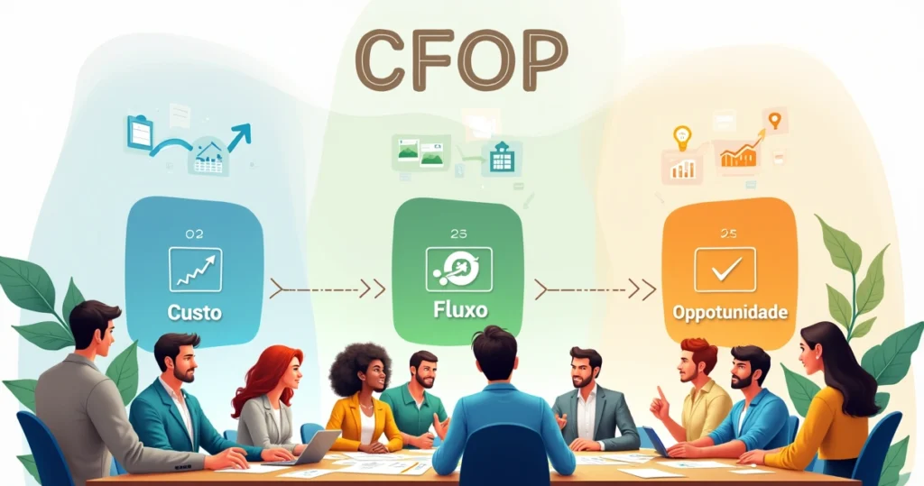 Ilustração do método CFOP com áreas distintas representando Custo, Fluxo e Oportunidade, com ícones relevantes.