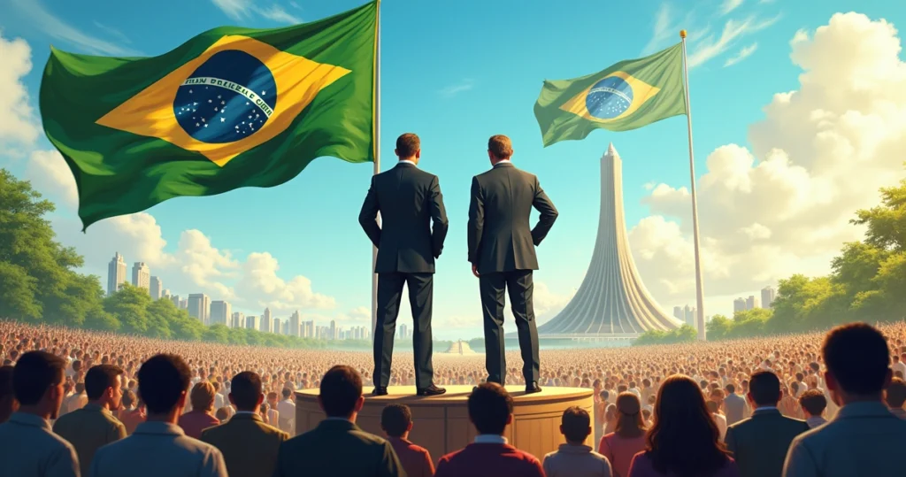 Ilustração dos Ministros da Economia do Brasil representados em um palco, com gráficos de crescimento ao fundo.