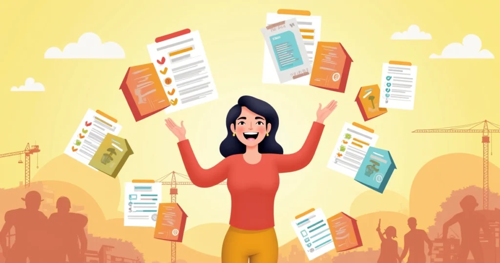 Ilustração de mulher feliz navegado por documentos simbólicos para sacar FGTS com ícones de sucesso.