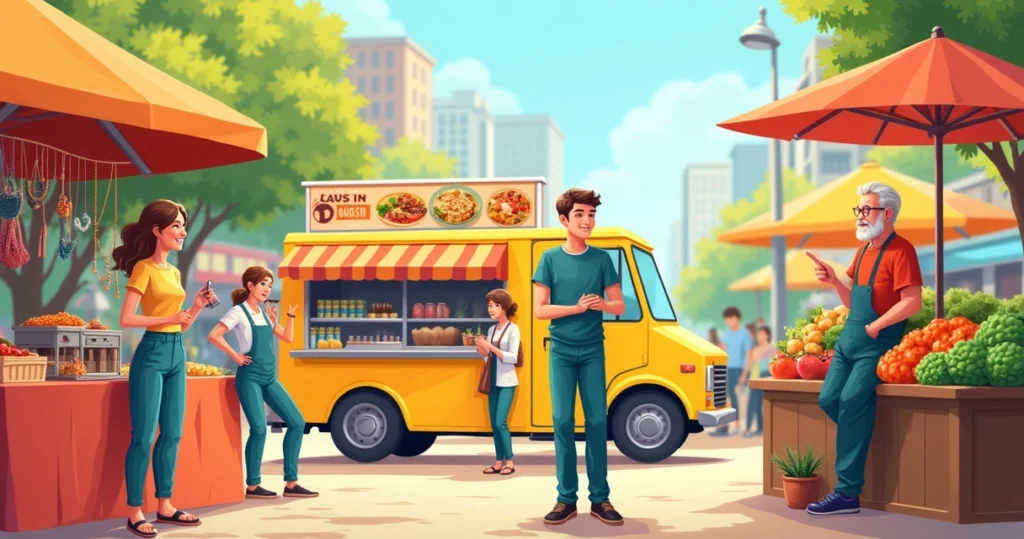 Ilustração mostrando pessoas que podem ser MEI em um mercado vibrante com produtos diversos.