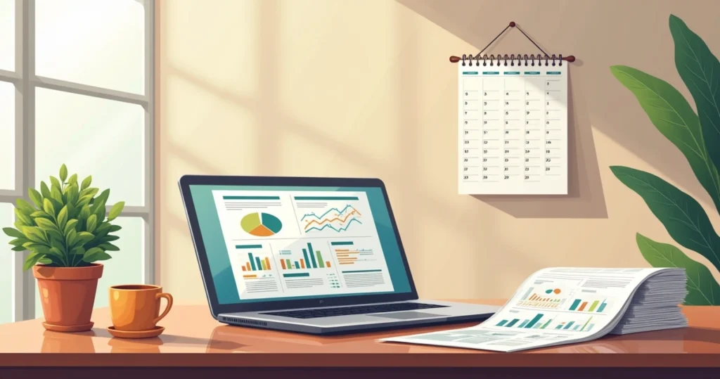 Ambiente de escritório com laptop aberto, documentos de plano de negócios e plantas na mesa.