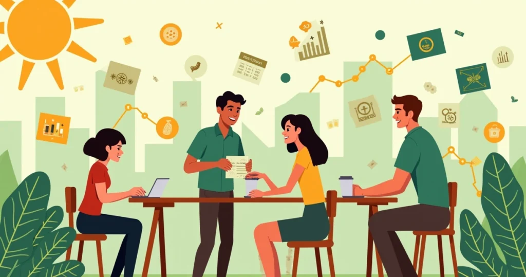 A diverse group of small business owners in a café, illustrating the Simples Nacional concept in Brazil.